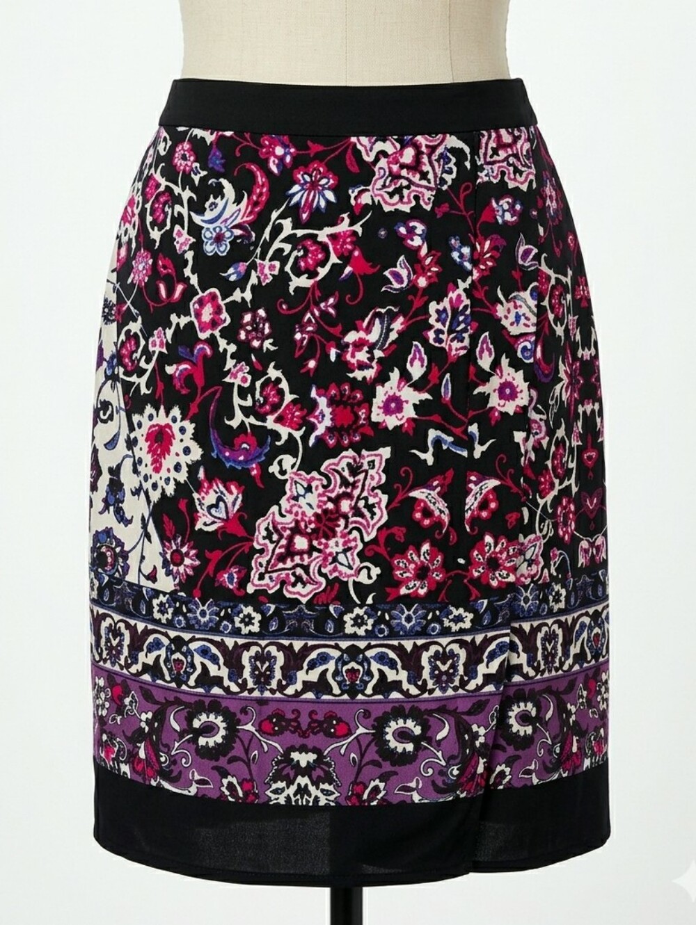 NEW YORK & COMPANY Floral Paisley Faux Wrap Skirt Black Pink Purple Blue Sz 12